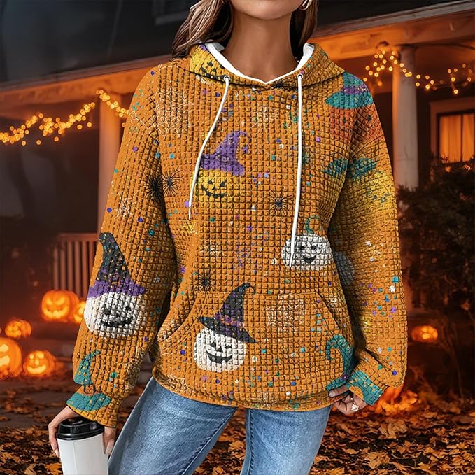 Halloween Sweatshirts for Women Novelty Graphic Drawstring Waffle Hoodies Loose Casual Pullover Tops with Pocket