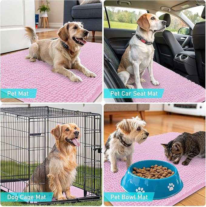 OLANLY Dog Door Mat for Muddy Paws 47x24, Absorbs Moisture and Dirt, Absorbent Non-Slip Washable Doormat, Quick Dry Chenille Mud Mat for Dogs, Entry Indoor Entryway Carpet for Inside Floor, Pink
