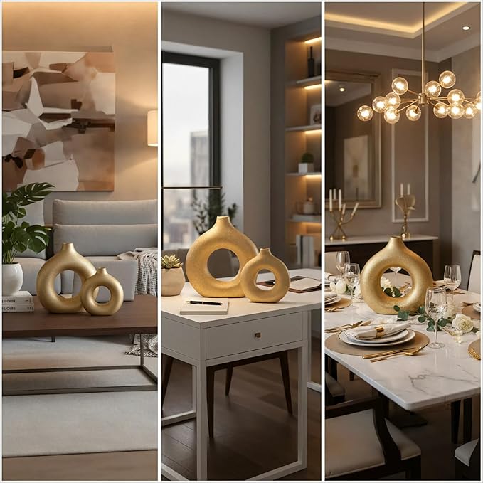 Modern Donut-Shaped Decorative Vases, Handmade Minimalist Boho ins Style, Modern Vase for Home Decor for Wedding Dinner Table Party Living Room Office Bedroom (Gold, Small)