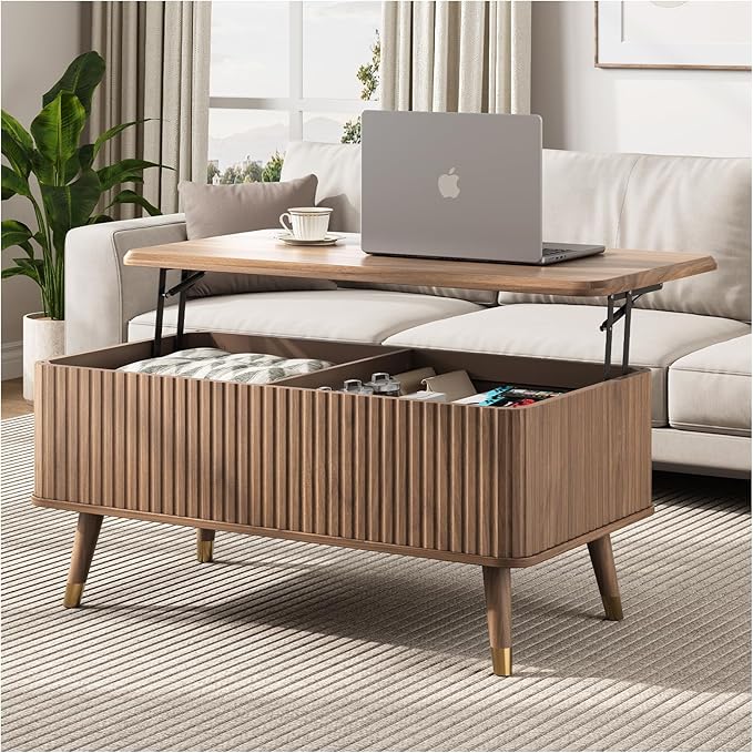 Lift Top Coffee Table with Storage, Mid Century Modern Fluted Wood Design,Pop-Up Walnut Center Table with Hidden Compartment for Living Room & Home Office Work/Dining