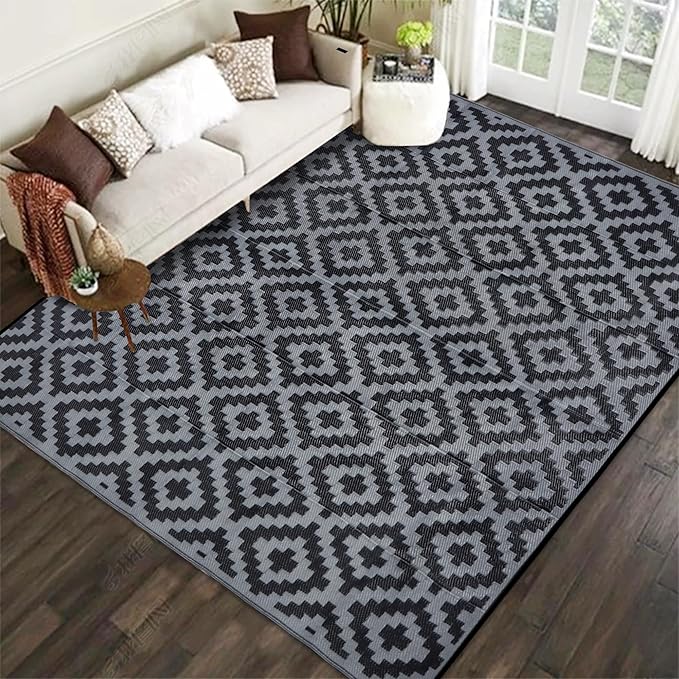 SAND MINE Waterproof Outdoor Rug, Plastic Reversible Rug, Modern Area Rug, Large Floor Mat for Outdoors, RV, Patio, Backyard, Deck, Picnic, Beach, Camping (8' x 8', Black Grey Lattice)