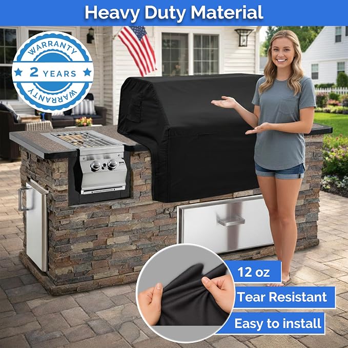 Covers & All Built-in Grill Cover for Outdoor Grill – Heavy Duty 12 oz Waterproof Built-in BBQ Grill Cover, PVC-Coated Polyester with Elastic Hem for Snug Fit (34 x 26 x 24 inches, Black)