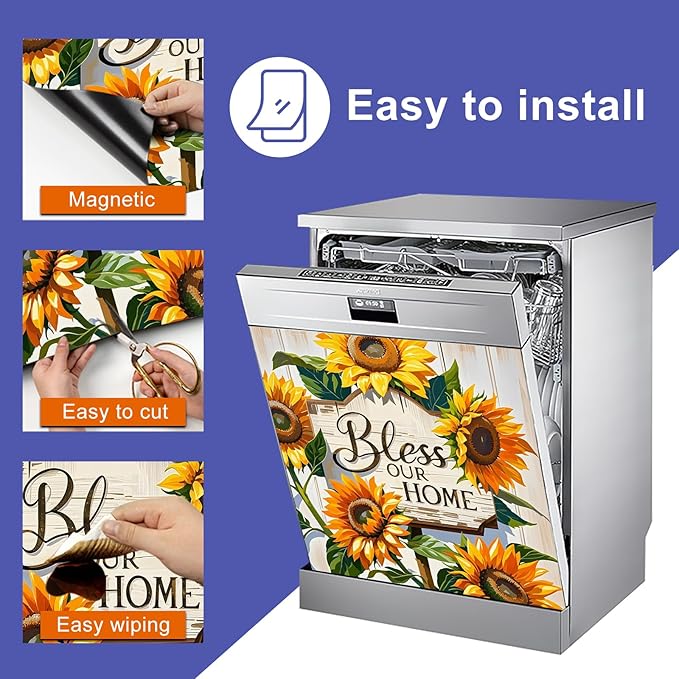 Dishwasher Magnet Cover 23x26 in Country Bless Our Home Sunflower Design on Wooden Board Dishwasher Cover for Kitchen Appliance Decoration Front Panel Sticker Rustic Panel Home Decor Decal