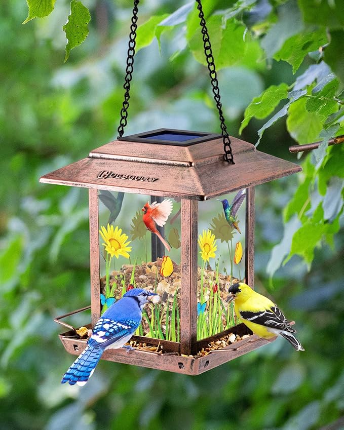 DesGully Solar Bird Feeders for Outdoors - 2.5 LBs Metal Wild Large & Small Bird Feeder for Outside Hanging, Gift Ideas for Avian Enthusiast Garden Yard Seeds (Chew-Proof, Weather Resistance)