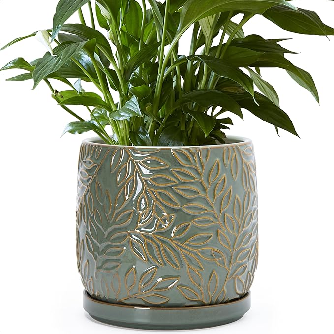 D'vine Dev 8 Inch Embossed Leaves Stoneware Planter Pot with Drainage Hole and Saucer, Olive, 27-A-Q-0