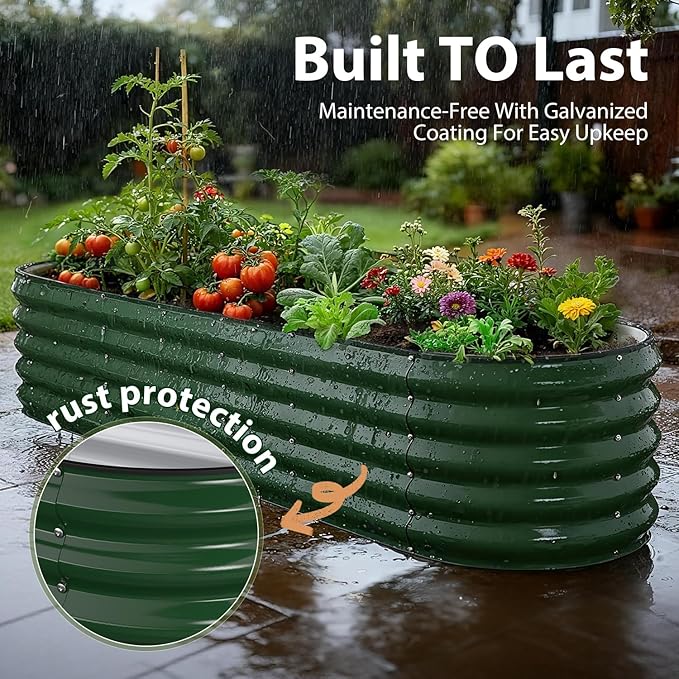 Winpull 8x2x1.5 ft Galvanized Steel Raised Garden Bed, Raised Garden Bed Kit, Galvanized Planter Box Outdoor, 18" Tall Oval Large Metal Raised Bed for Gardening Vegetables Flower Herb (Moss Green)