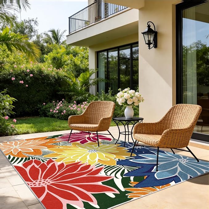ZonLi Colorful Outdoor Rug 5x8Ft Waterproof Multicolored Indoor Area Rug Washable Outdoor Patio Rugs Tropical Floral Non Slip Outdoor Carpet for Living Room, Pool,Backyard,Deck,Camping