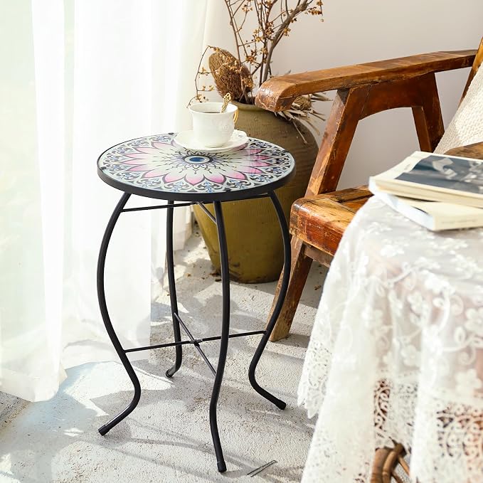 VCUTEKA Outdoor Side Table Mosaic End Table Patio Side Table Small End Tables Glass Top Round Balcony Coffee Porch Indoor Glass Top Flower 14''