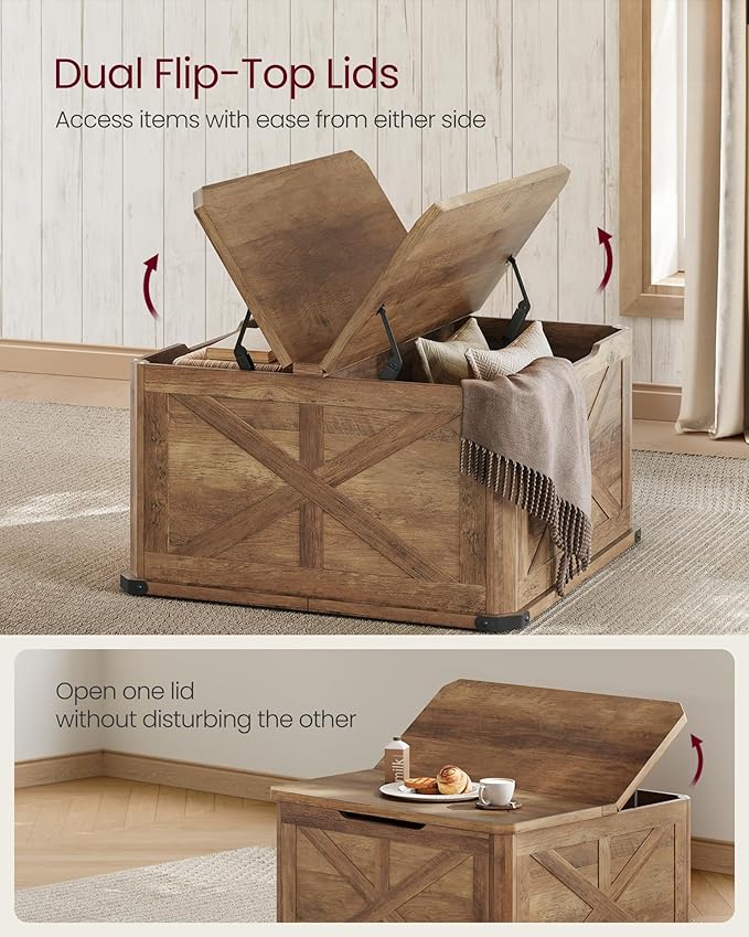 VASAGLE LIRY Collection - Farmhouse Coffee Table with Storage, Square Center Coffee Table for Living Room, with Hidden Compartment, Flip-Top Lids, Honey Brown ULCT232K41