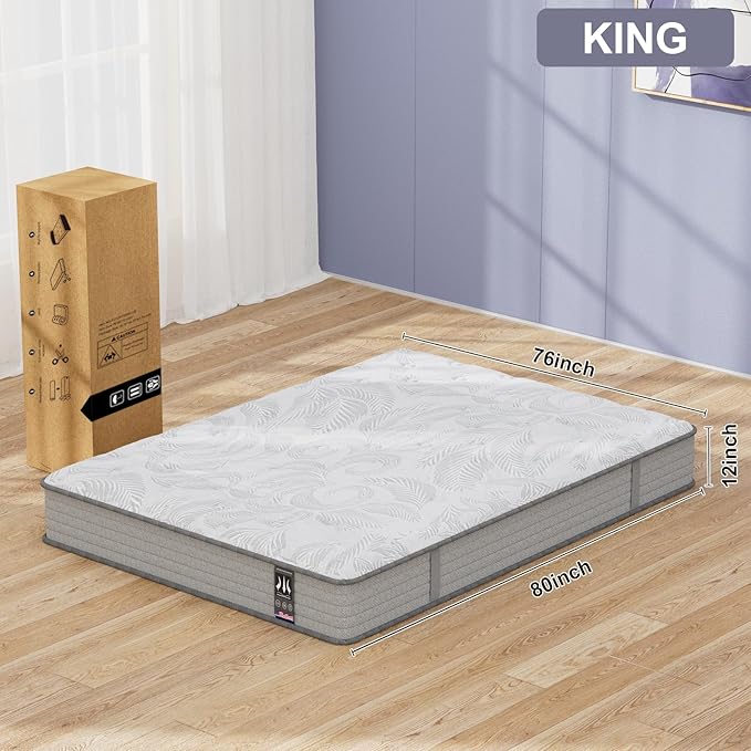 King Mattress 12 Inch, Hybrid Mattress in a Box, Memory Foam Matress with Pocket Spring, Soft & Comfortable Medium Firm, Motion Isolation, Pressure Relief, CertiPUR-US Certified (80"*76"*12")