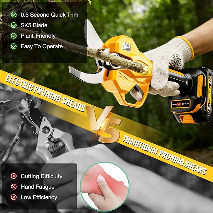 2.05"/ 56mm Electric Pruning Shears, Cordless Electric Scissors LCD Display＆SK7 Blades, 21V Brushless Motor Branch Cutter with 2 PCS Rechargeable 2000mAh Batteries & 2 Blades (Yellow)