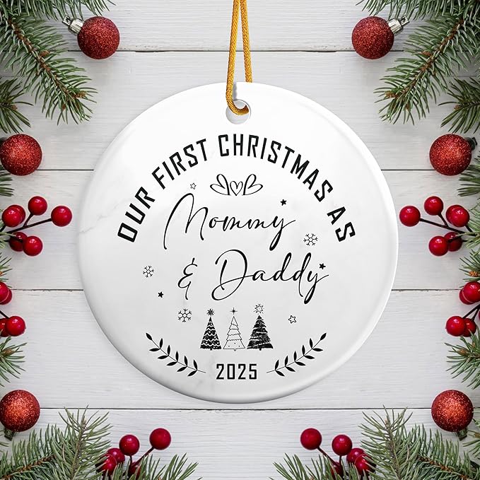 Our First Christmas As Mom & Dad Ornament 2025,Celebrate Baby's First Christmas Ornament,New Parents Promoted to Mommy Daddy Gifts,Family of Three Ornament for Mom Dad Newborn Xmas Gifts Decorations