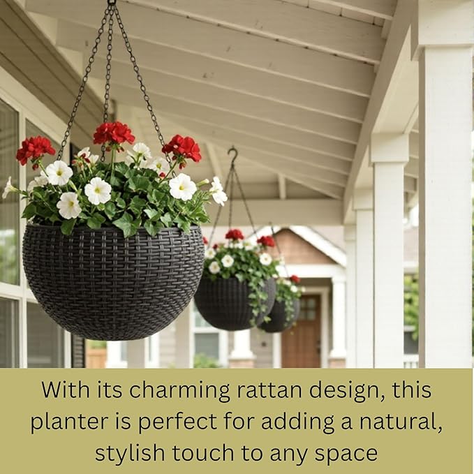 LaLaGreen Hanging Planters for Indoor Plants (11 Inch, 3 Pack) Self-Watering Round Rattan Style Hanging Flower Pots with Water Level Indicator, Black Metal Chain Baskets for Porch Garden Balcony Decor