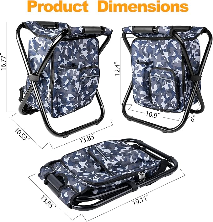 Kikerike Backpack Stool Cooler Chair Heavy Duty 300 LBS Max Load Portable Lightweight Stool Backpack Folding Fishing Cooler Seat for Camping Hunting Fishing - Arctic Camo