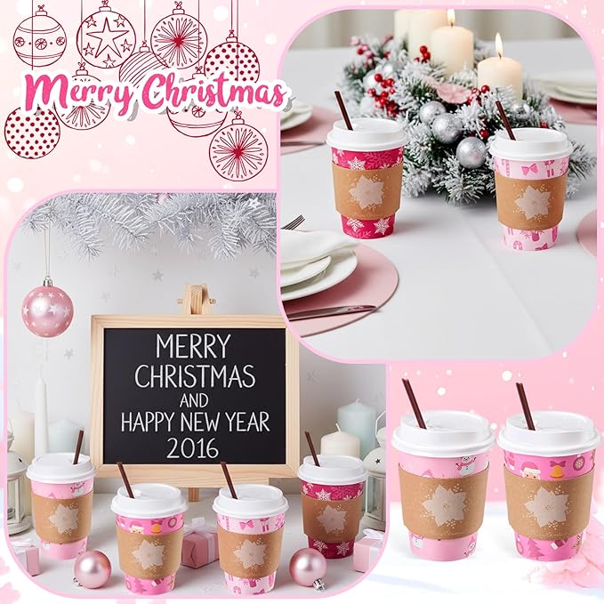 Lallisa 100 Sets Pink Christmas Disposable Coffee Paper Cups Bulk with Lids Sleeves & Straws, 12 oz Xmas Snowman Snowflake Coffee Cups for Hot Cold Cocoa Tea Holiday Party Supplies