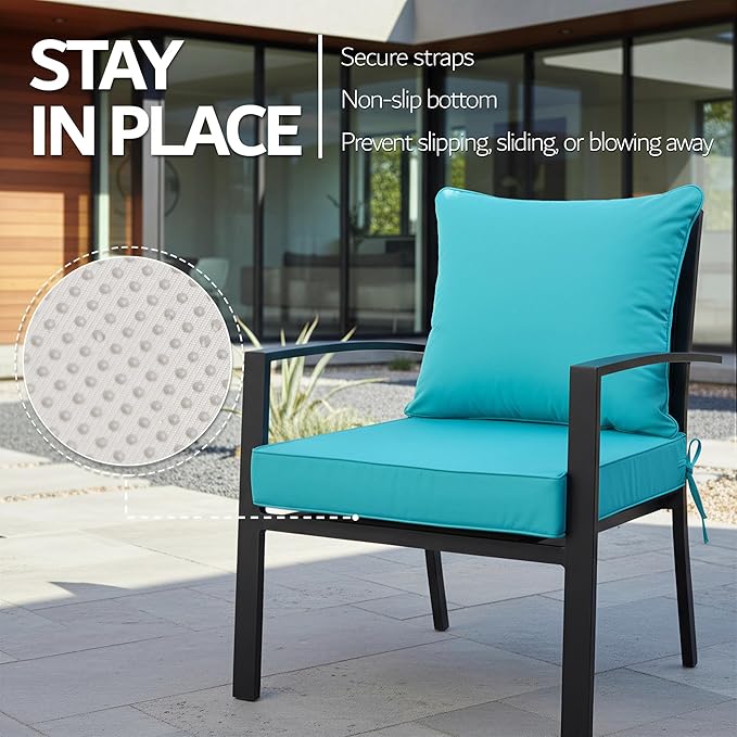 24x24 Inch Outdoor Chair Cushion with Removable Cover, Patio Furniture Cushion - Water-Repellent, Fade-Resistant, Non-Slip Bottom & Straps, Replacement for Deep Seat Sofa & Couch - Teal