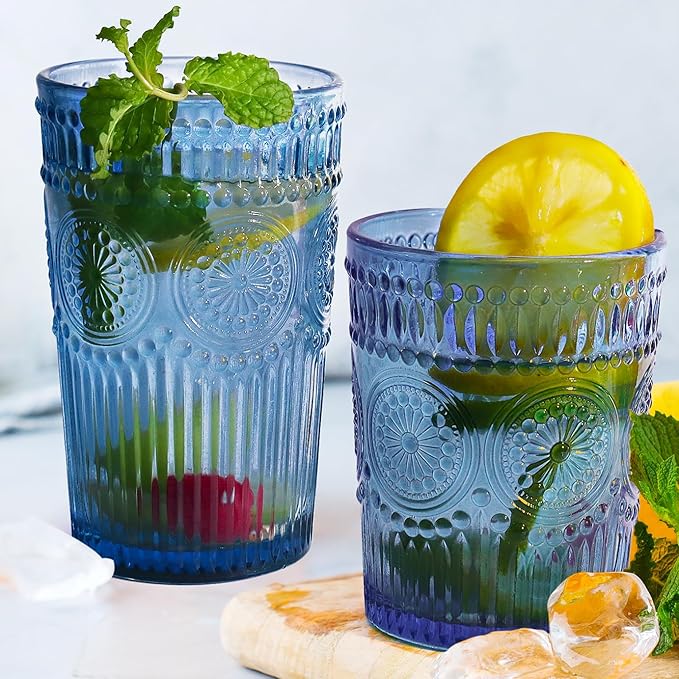 12pcs Vintage Drinking Glasses Set, 12 oz Highball Glasses & 9 oz Embossed Ribbed Glassware Cups for Cocktail, Water, Juice, Coffee, Whiskey (Blue)
