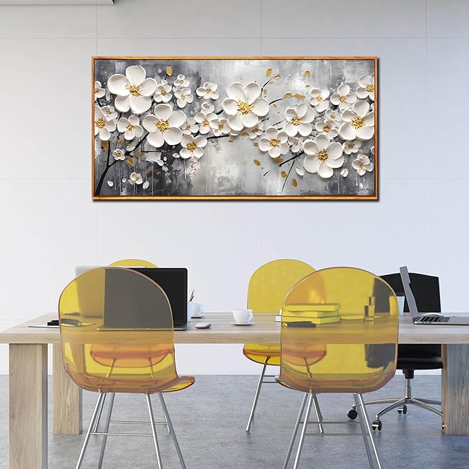 White Flower Art for Walls In Living Room - Office Wall Decor for Women - Wooden Framed Wall Art for Bedroom Size 29" x 59"
