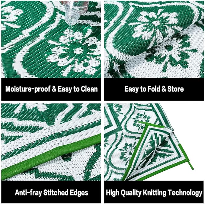 Plastic Outdoor Rug 6'x9' Waterproof Camping Carpet Outside Area Rug Reversible Green Rugs for RV Deck Entryance Porch Picnic Balcony Beach