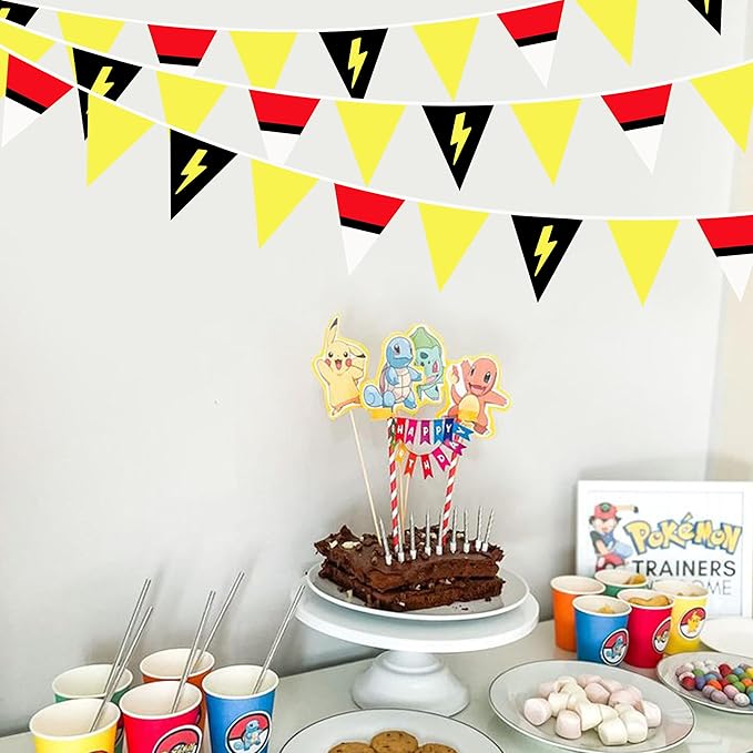 32Ft Cartoon Animation Party Decorations Red White Yellow Lightning Triangle Flag Fabric Banner Pennant Garland Streamer for Cartoon Birthday Animated Baby Shower Video Games Party Decor Supplies