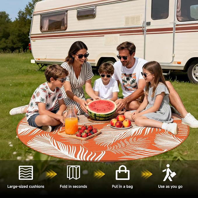 Pauwer Waterproof Outdoor Rug 6ft, Reversible Plastic Straw Patio Camping Rug, Indoor Outdoor RV Mat Carpet for Deck, Camper, Porch, Balcony, Backyard, Picnic, Leaf Orange