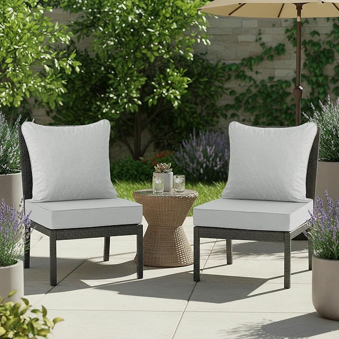 Summsun Patio Cushions for Outdoor Furniture, Faux Linen Water Resistant Backrest and Deep Seat Cushion Set with Non-Slip Bottom, Ties, Removable Cover, 24 x 24 Inch, Light Grey, Set of 2