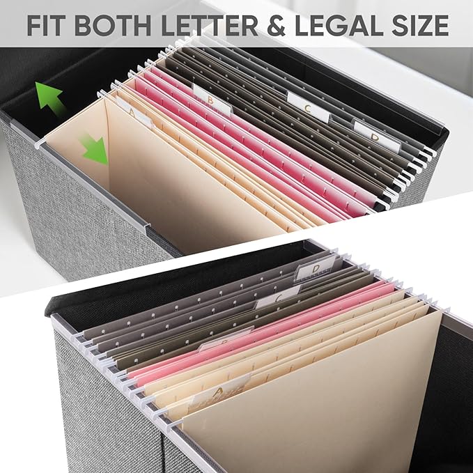 BALEINE File Organizer Box with Lid, Collapsible File Folder Organizer with Plastic Slide, Hanging File Folder Box for Office Document Storage (1 Pack, Grey)