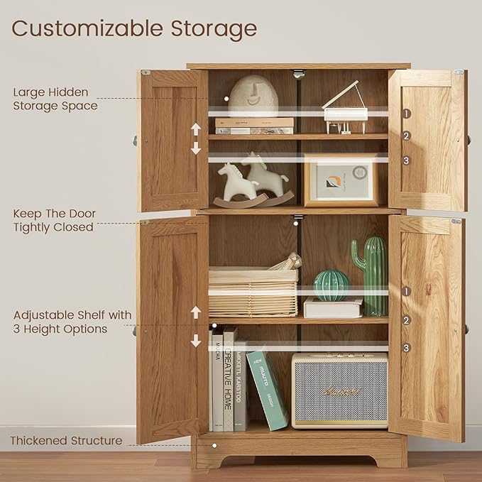 TEENFON Storage Cabinet, Rattan Cabinets with 2 Adjustable Shelves & 4 Doors, Bathroom Cabinet, Cupboard, Floor Cabinets for Living Room, Entryway, Kitchen, Home Office, Natural