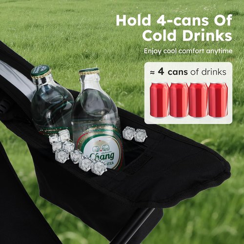 ALPHA CAMP Heavy Duty Camping Chair - 350LBS Capacity, Portable with Cooler Bag & Cup Holder | Black, 2PC Set