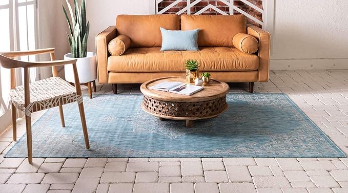 Unique Loom Outdoor Traditional Collection Area Rug - Antique (8' x 11' 4" Rectangle, Light Aqua/ Gray)