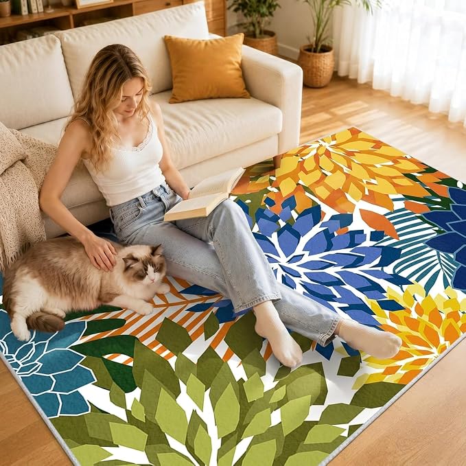 ZonLi Colorful Outdoor Rug 6x9Ft Waterproof Multicolored Indoor Area Rug Washable Outdoor Patio Rugs Tropical Floral Non Slip Outdoor Carpet for Living Room, Pool,Backyard,Deck,Camping