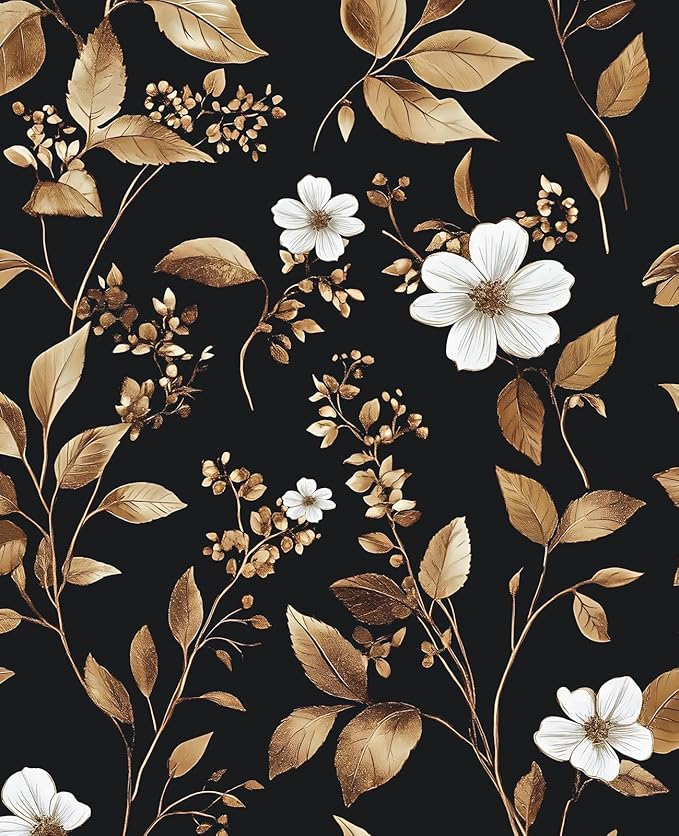 Vintage Black Peel and Stick Wallpaper – Black and Gold Floral Leaf Design Dark