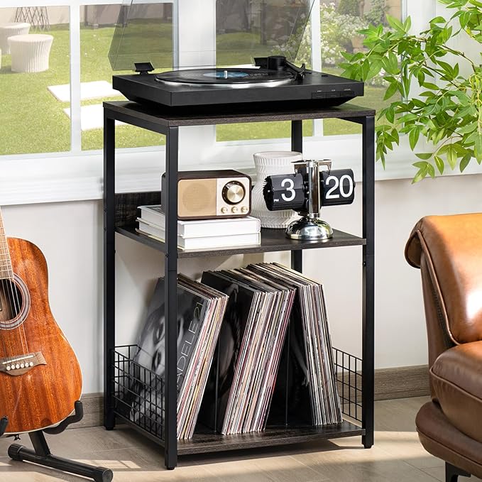 LELELINKY 3 Tier Farmhouse Drak Gray End Table, Large 18" Wide Record Player Tables with Vinyl Storage Shelf, Industrial Turntable Printer Stands, Modern Side Tables for Living Room, Bedroom, Office