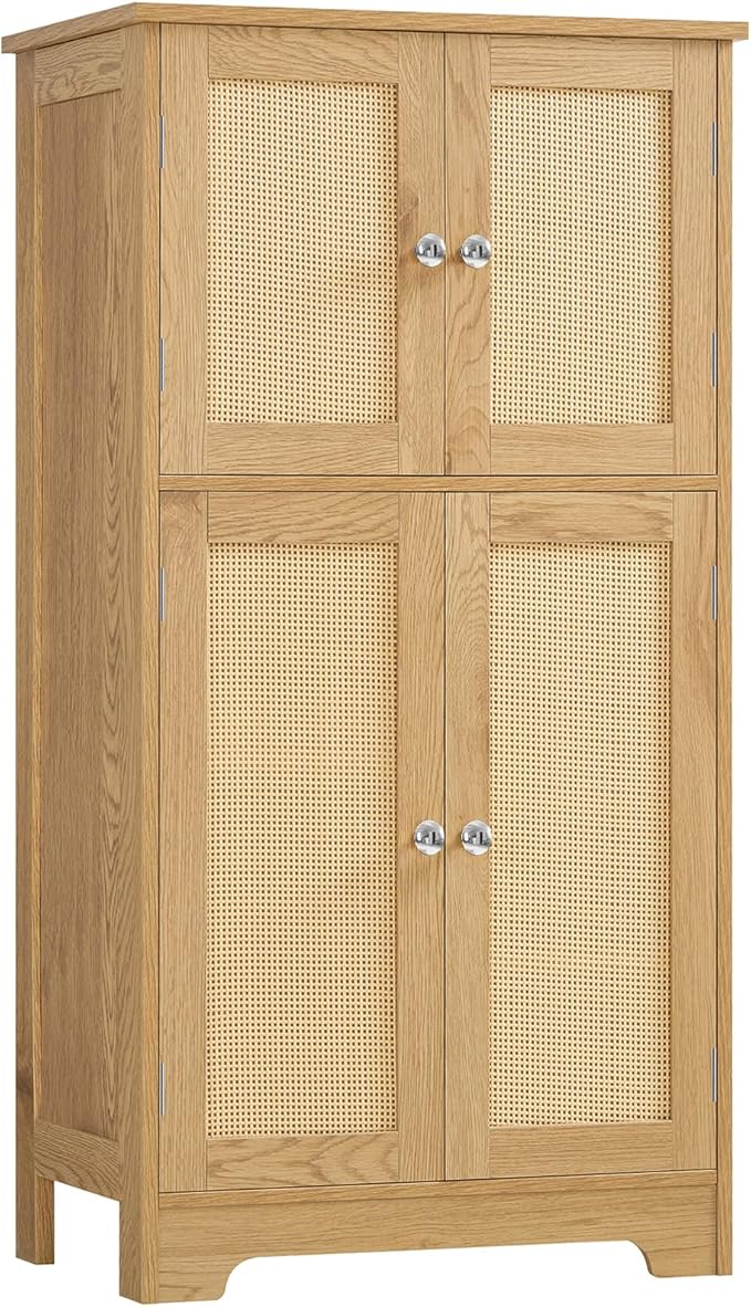 TEENFON Storage Cabinet, Rattan Cabinets with 2 Adjustable Shelves & 4 Doors, Bathroom Cabinet, Cupboard, Floor Cabinets for Living Room, Entryway, Kitchen, Home Office, Natural