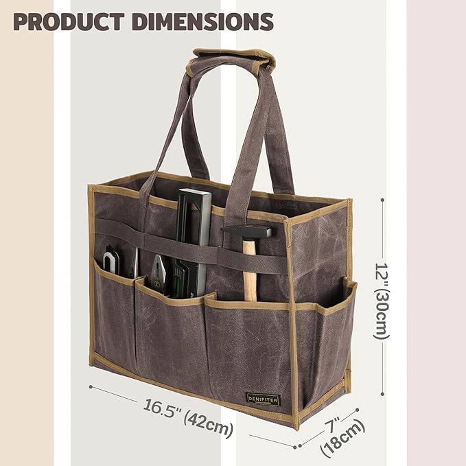 Canvas Large Tool Bag - A Large Main Pocket and 14 Insert Pockets Garden Tool Tote Bag - Durable 16oz Waxed Canvas Tool Case with Handle - Tool not Included
