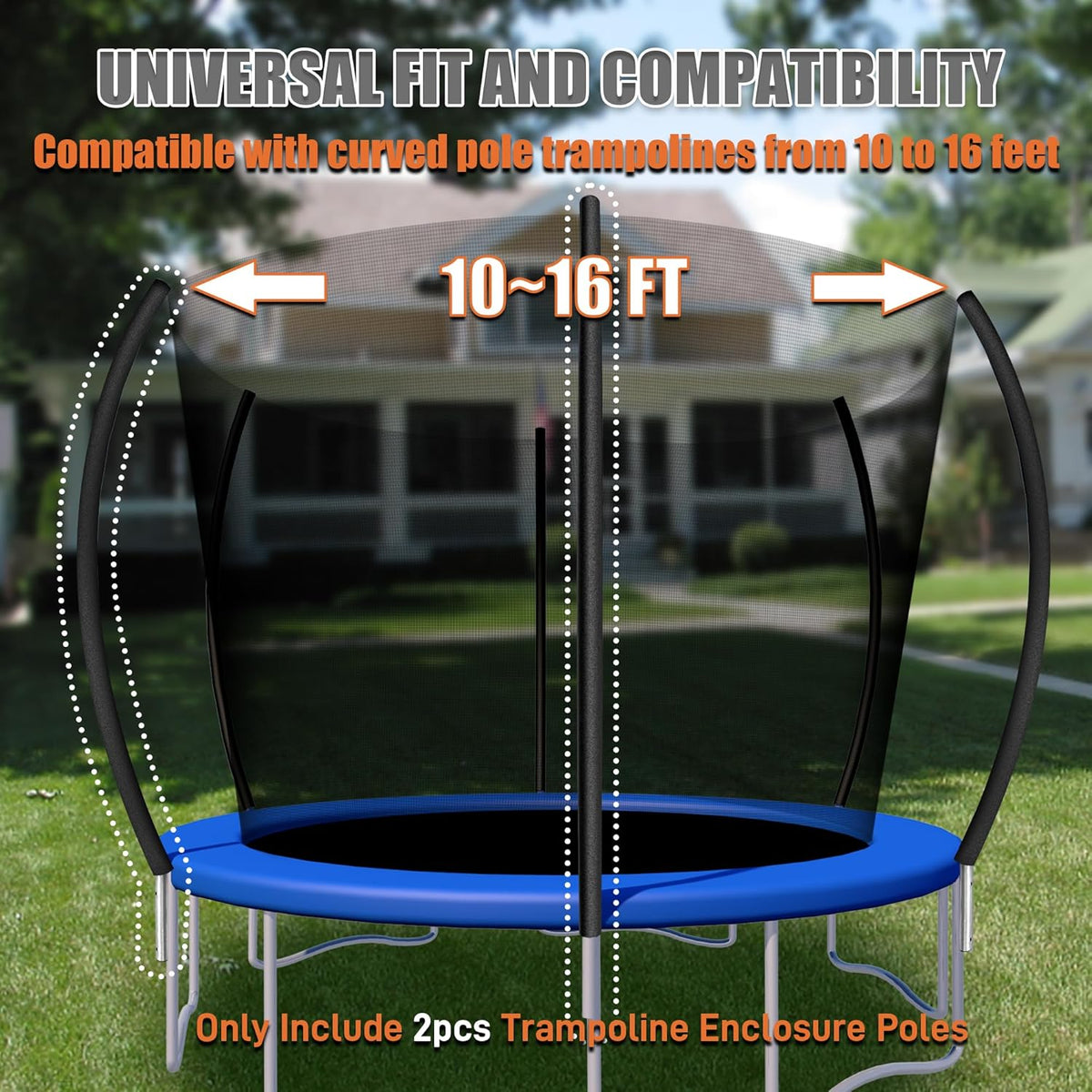 Skiennix Trampoline Curved Poles - Universal Replacement Enclosure for 8-16FT Frames | Foam Sleeve & Hardware Included