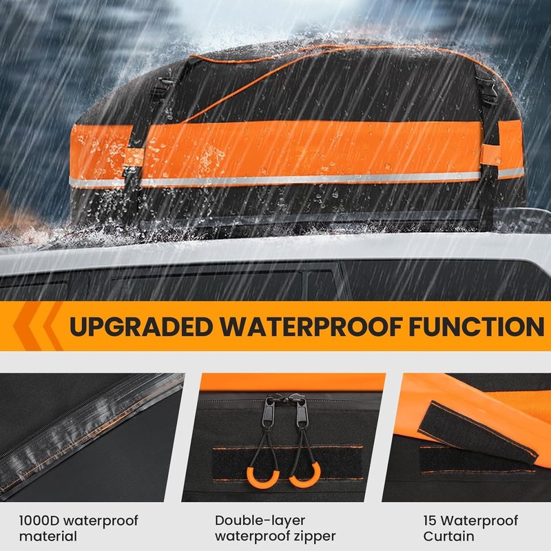 Sailnovo Car Rooftop Cargo Carrier Roof Bag, 15 Cubic Feet Waterproof Rooftop Cargo Carrier Bag, Fit Car with Without Luggage Rack - Cartop Carrier Bag with Tie-Down Strap, Safety Hook