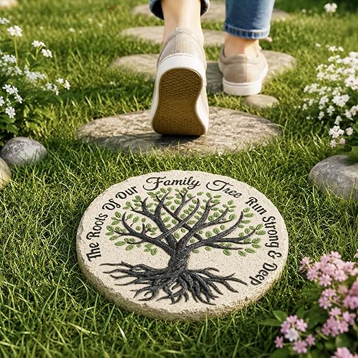 GIGALUMI Garden 10" Stepping Stones Outdoor, Family Tree Grandma Garden Stones, Hand Print Garden Decorations Walkway, Round Tree of Life Decorative Stepping Stone, Gifts for Grandma, Mom, Sister