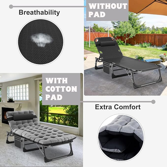 ABORON Tanning Chair, 5-Position Padded Folding Chaise Lounge | 5-position folding chaise lounge supports 500 lb and has a removable cushion and pillow for sunbathing, poolside or patio.