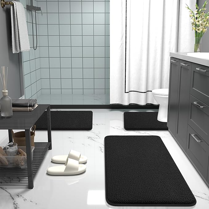 OLANLY Thick Memory Foam Bath Mat Rug 36x24, Extra Soft Absorbent Bathroom Rug, Quick Dry Bath Mats, Non-Slip, Machine Washable Carpet for Bathroom, Tub and Shower, Home Decor Accessories, Black