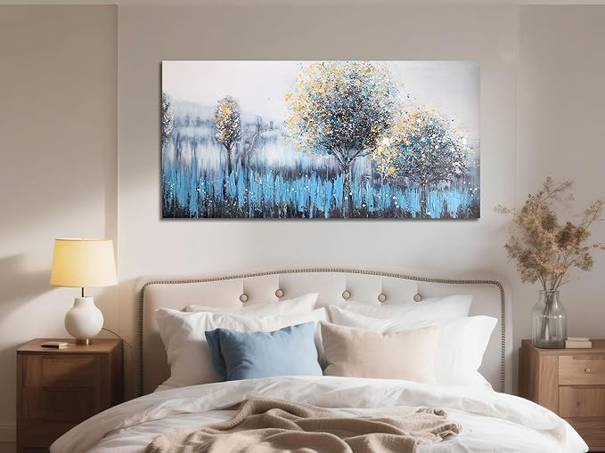 Arjun Large Canvas Wall Art for Living Room Landscape Bedroom Teal Painting Forest Textured Picture Modern Panoramic Nature Artwork Home Office Wall Decor, 48"x24"