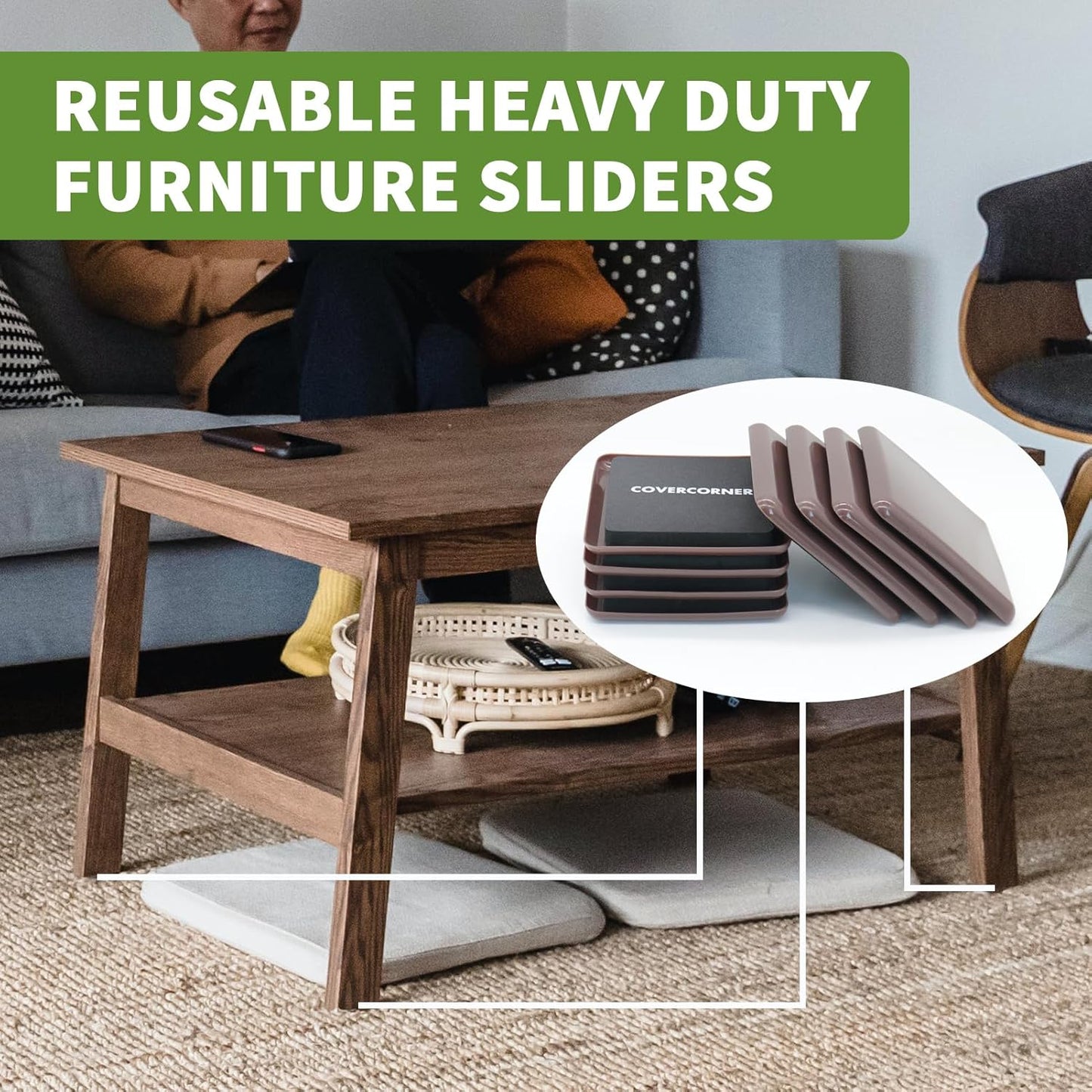 Furniture Sliders for Carpet 8 PCS - 3 1/2 inch Furniture Moving Slider Chair Legs Floors Protectors Square Furniture Movers Sliders – Move Your Furniture Easy & Safely(for Carpet)-Brown