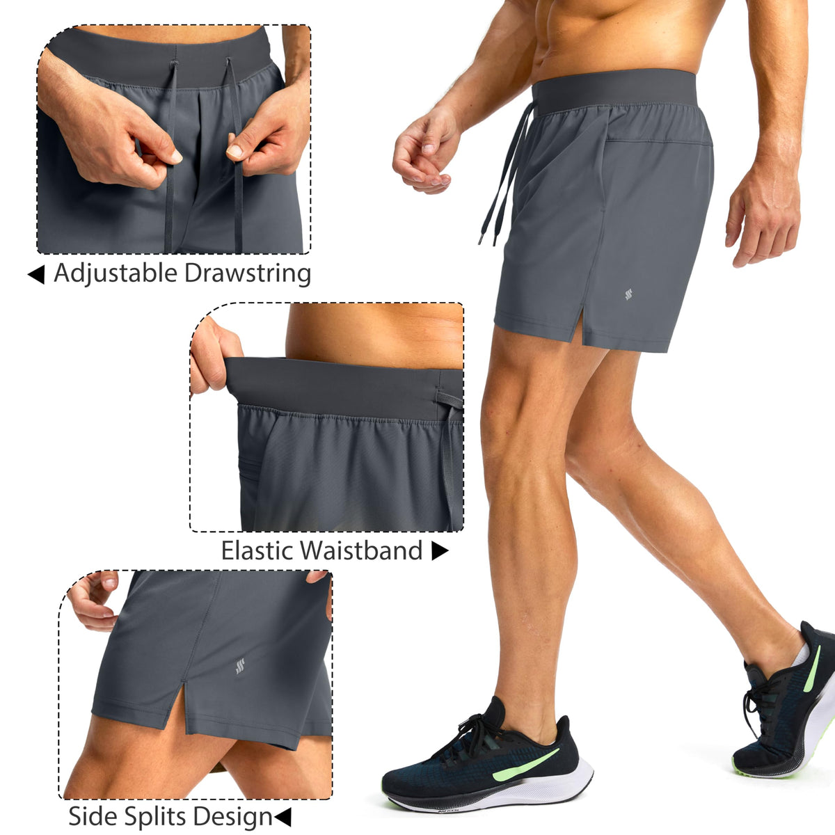 Soothfeel Men's Running Shorts with Zipper Pockets 9"/ 7"/ 5" Lightweight Quick Dry Basketball Gym Workout Athletic Shorts for Men (Grey, XXL)