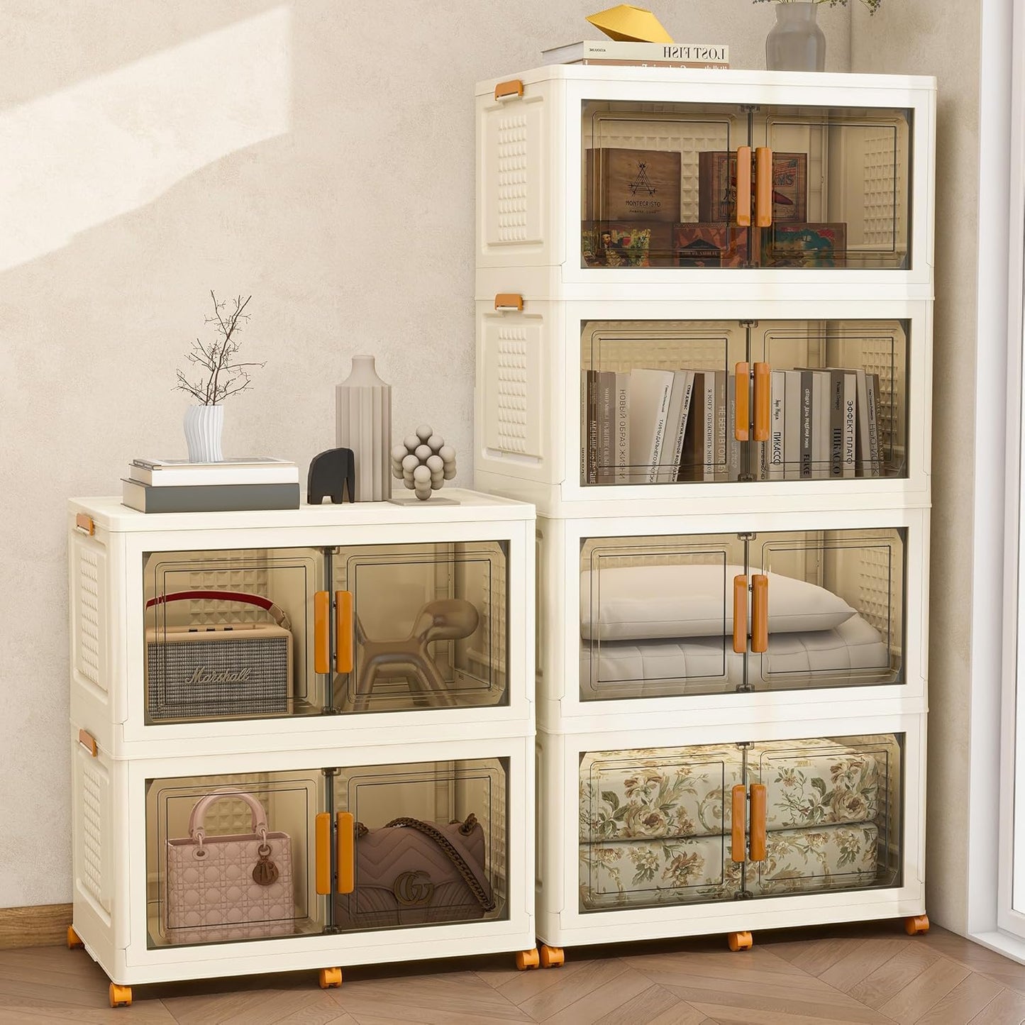 Plastic Stackable Storage Bins with Lids and Wheels, Foldable Closet Organizers and Storage Containers for Bathroom, Collapsible Clear Drawer Storage Cabinet with Doors White 45Gal 4Tiers