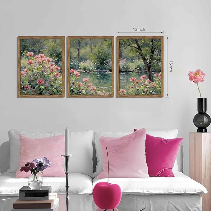 Framed Monet Wall Art Set of 3, Impressionist Botanical Floral Canvas Wall Decor