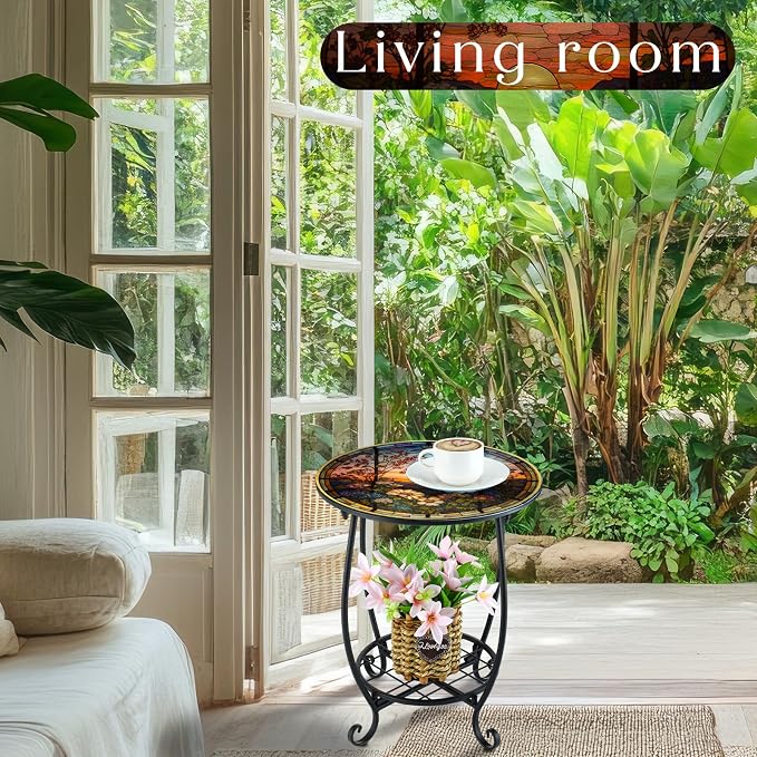 Cinnvoice Outdoor Side Table Round Small Mosaic Patio Accent Indoor End Plant Coffee Tea Table for Yard Patio Porch Garden Living Room, Bedroom(Sunset and Flowers,14 Inch)