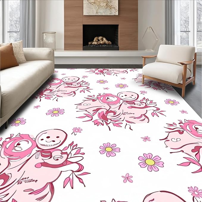 Flatwoven High Traffic Area Rug 8x10, Vintage Snowman Holiday Shower Curtain with Bath Toilet Cover, Non Slip, Stain Resistant, Washable Area Rugs for Living Room, Bedroom (Pink, 8x10, Pad)