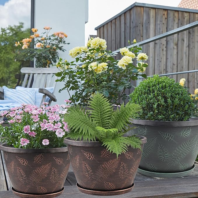 11 inch Plant Pot Set of 3, Plastic Flower Pots with Drainage Hole & Tray, Decorative Round Planters for Indoor Plants, Modern Outdoor Home Flowers Plants Garden Pots (Green)