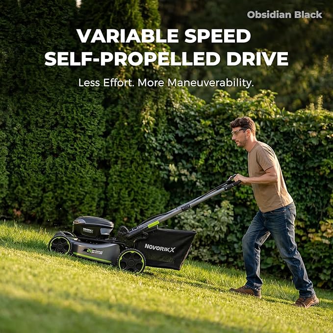 NovorikX 60V 5Ah Self-Propelled Electric Cordless Lawn Mower with 5.0Ah Battery 21-Inch, Brushless Mower for Large Yards, LED Headlight, Rapid Charger 3-in-1 Versatility Obsidian Series