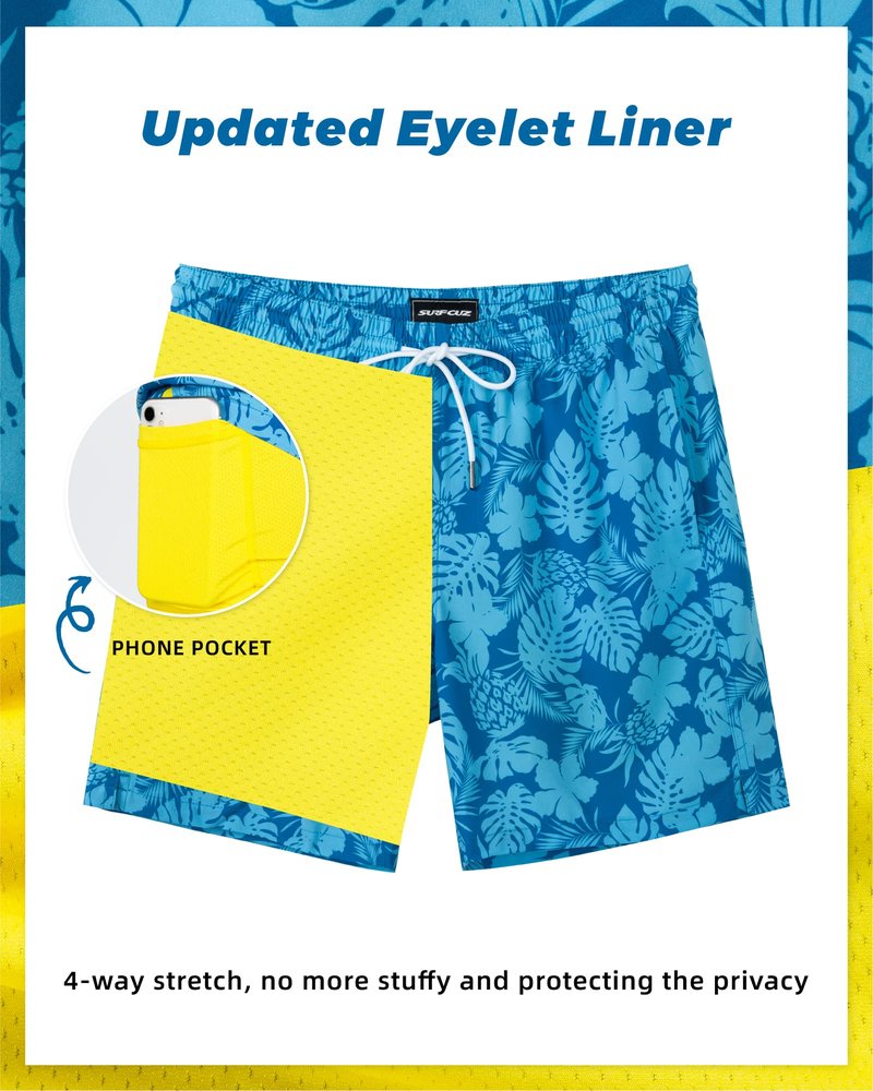 SURF CUZ Mens Swim Trunks with Compression Liner Quick Dry Swim Shorts 7" Swimming Trunks Stretch Zipper Pockets Blue Flower Leaves Small